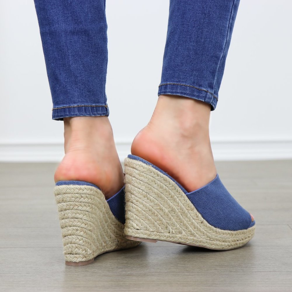 Blue Denim Slip On Espadrille Wedge Sandals - Picture 4 of 9